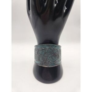 Artisan Verdigris Copper Floral Embossed Wide Cuff Bracelet Statement Jewelry‎